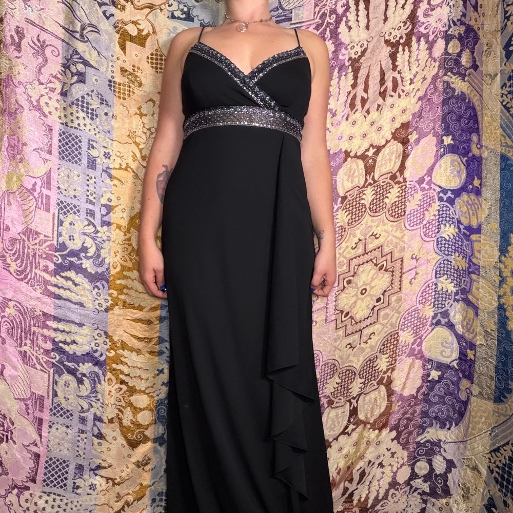 Y2K Black Beaded Ruffled Dark Romantic Chic Full Length Formal Dress Size L